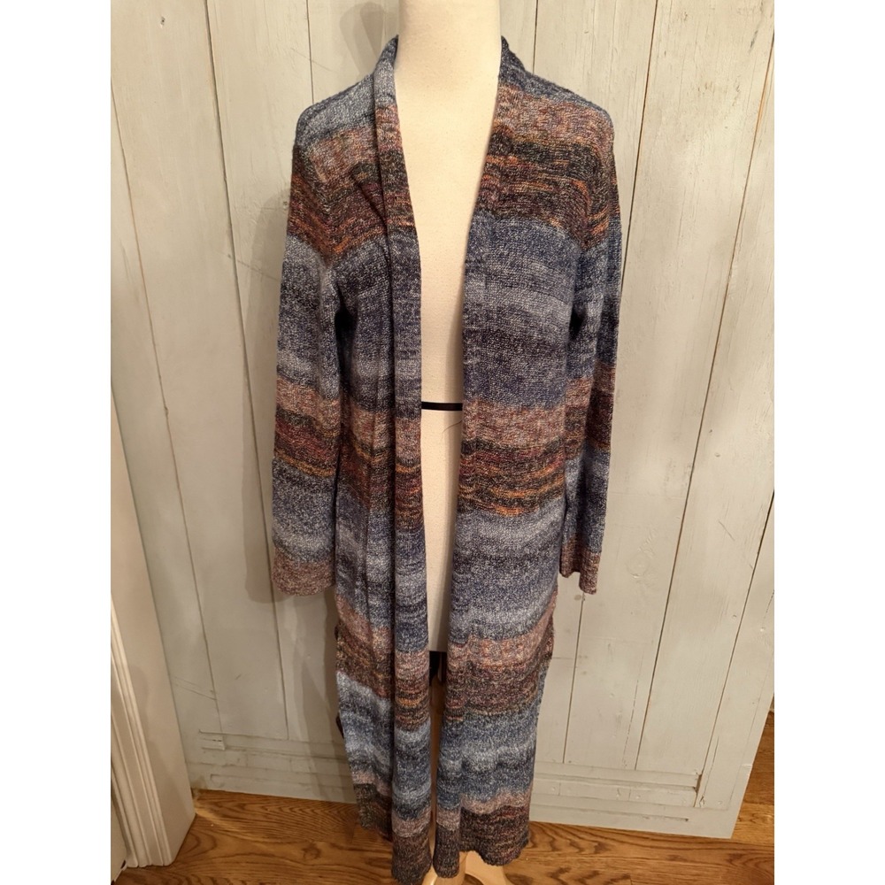 J Jill Southwest Striped Cotton Blend Long Open Front Cardigan Sweater Duster Lg